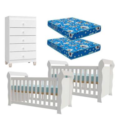 Imagem de 02 Berços Americano Lara Com 02 Colchões E Cômoda Gaveteiro Ternura Baby Branco Brilho - Incorplac