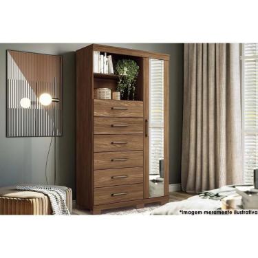 Imagem de Cômoda de Quarto Marabá 1.6 c/ 1 Porta 2 Nichos e 6 Gavetas c/ Espelho e Pés Jatoba - Santos Andirá