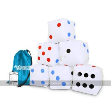 Imagem de GoSports Dados infláveis gigantes de 15 cm, pacote com 6 unidades com sacola e quadro de pontuação apagável a seco para jogos Rollzee e Farkle – Tamanho jumbo de 15 cm