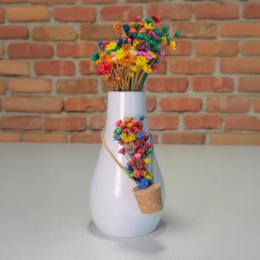Imagem de Arranjo de Flores Sempre-Vivas Naturais em Vaso Decorativo, 15 cm, Branco com Padrão Art Déco (20)