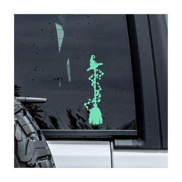 Imagem de MYMKO Chapéu de vassoura de bruxa e decalque floral, decalques de janela de carro gótico bruxo, adesivos de carro de transferência DTF UV de 15 cm, adesivos de para-choque de janela de caminhão de
