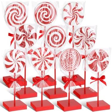 Imagem de Chunful 10 peças de decoração de mesa de madeira de doces de Natal, bengala doce, decoração de Natal, mesa central, placa para mesa de Natal, decoração de festa de escritório (vermelho clássico)