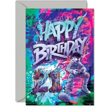 Imagem de Giftzie Cartões de aniversário de 21 anos para homens e mulheres - Epic Gamer - Cartão de feliz aniversário para homem de 21 anos mulher irmã amiga prima tio, cartões comemorativos A5 aniversário