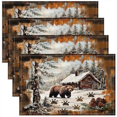 Imagem de Jogo americano para cabana de 30 x 45 cm, conjunto de 4 pinheiros, animais selvagens, ursos selvagens, para crianças, adolescentes, adultos, listras de madeira, inverno, fazenda, tapetes de cozinha