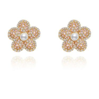 Imagem de Brincos de flor elegantes e requintados, brincos de zircão rosa temperamento, acessórios femininos personalizados, acessórios de flores requintados M2003, 0.75 in × 0.75 in, Latão, Sem pedra preciosa