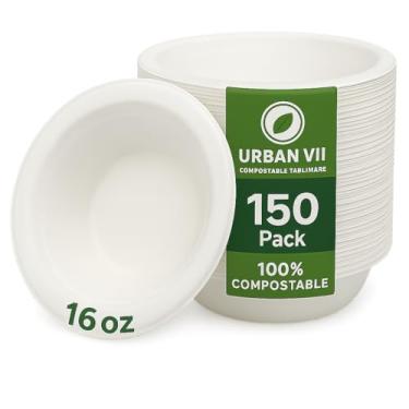 Imagem de URBAN VII Tigelas de papel compostáveis de 473 ml [pacote com 150] - Tigelas descartáveis resistentes e resistentes a vazamentos, fibra natural de bagaço de cana de açúcar, segura para micro-ondas