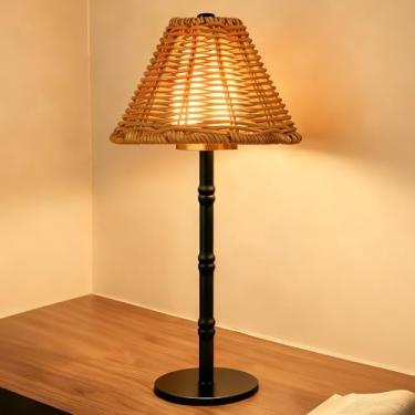 Imagem de Luminária de mesa Mr.White recarregável sem fio com persiana de vime, luz de mesa portátil operada por bateria de 5200 mAh com controle de toque, para pátio, restaurante, cozinha, jantar (preto)