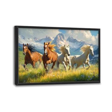 Imagem de Arte de parede grande emoldurada para sala de estar, decoração de parede em tela de cavalos correndo, pintura emoldurada de paisagem grande, arte moderna para quarto escritório 91 cm x 61 cm L