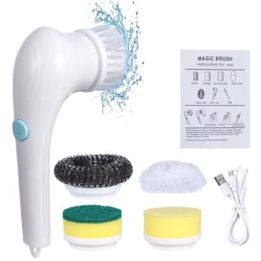 Imagem de Escova de limpeza elétrica para parede, azulejo, piso, utensílios de cozinha, esfregão portátil de banheiro, esfregão giratório elétrico com 5 cabeças de escova substituíveis, esfregão elétrico sem