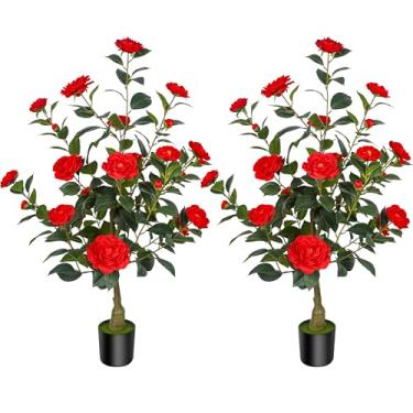 Imagem de HanJoy Pacote com 2 camélias artificiais de 90 cm com 24 flores vermelhas em vasos de cimento – árvores falsas realistas para varanda, casa, decoração de primavera interna ao ar livre, escritório ou