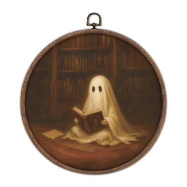 Imagem de DTLGTG Arte de parede de livro de leitura fantasma, arte de parede fantasma de Halloween, tela emoldurada redonda, pintura fantasma, decoração vintage de Halloween para quarto ou sala de estar, 25 x