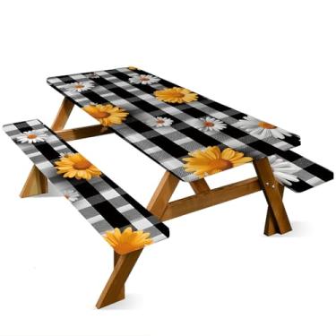 Imagem de ANNA QUEEN Conjunto de capa de mesa de piquenique com girassol de 1,82 m x 76 cm, à prova d'água, banco e toalha de mesa, proteção de móveis para acampamento, praia, churrasco, pátio, quintal (flores
