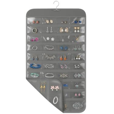 Imagem de Okxiri Organizador de joias suspenso para armário com gancho giratório, 43 x 76 cm, 80 bolsos transparentes, organizador de joias pendurado para joias, brincos, acessórios (2, cinza)