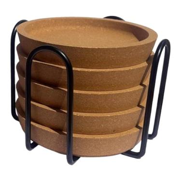 Imagem de Fenteer Conjunto de 5 Porta-Copos Redondos de Cortiça com Borda, Isolamento Térmico, Ideal para Festas e Inaugurações de Casa, com Suporte de Ferro para