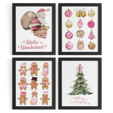 Imagem de WXHUM Impressões de arte de parede de Natal rosa, pôsteres de Natal fofos para quarto, arcos de Papai Noel, árvores de Natal, pão de gengibre, impressões de arte de parede para cozinha, quarto, sala