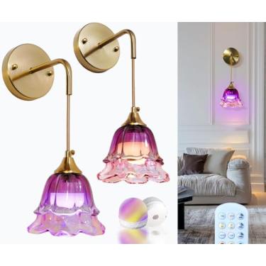 Imagem de Arandela de parede vintage operada a bateria com abajur de flor roxa conjunto de 2, luzes de arandela de parede recarregáveis com controle remoto RGB regulável, lâmpada de parede sem fio para