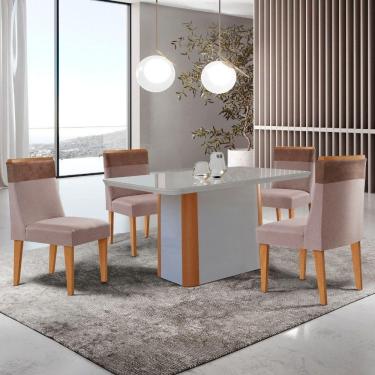 Imagem de Mesa De Jantar Isadora 120cm Tampo Mdf Vidro Com 4 Cadeiras Linho Capuccino Tork Off White Serigrafia