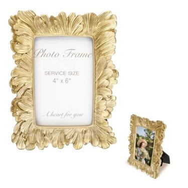 Imagem de ERESGREAT Molduras douradas de 10 x 15 cm, moldura vintage de resina com folhas de palmeira douradas para exibição de parede e mesa, decoração de Natal, vintage, molduras para fotos de plantas