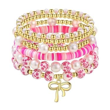 Imagem de Pulseira de laço de ouro para mulheres, pulseiras com pingente de laço de pérolas, pulseiras elásticas com contas douradas, joias modernas para mulheres, One Size, Liga de aço, Sem Pedra Preciosa