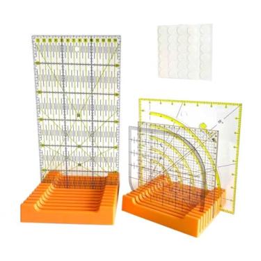 Imagem de Rack de armazenamento com 12 compartimentos para réguas acolchoadas e kit de anéis de aderência de régua antiderrapante, suporte de réguas de costura e organizador de cor laranja vibrante (2 conjuntos