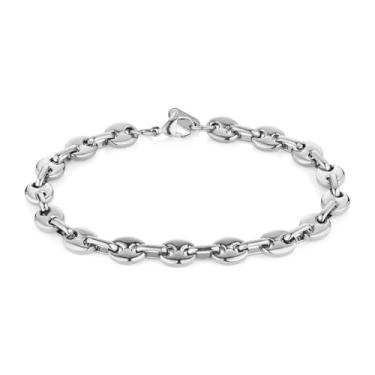 Imagem de HZMAN Pulseira masculina de grãos de café, corrente de elos de aço inoxidável de 7 mm de largura, 21 cm, presente para homens, ouro, prata, dois tons, 8.5In, Sem Pedra Preciosa