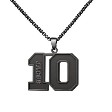 Imagem de Ldurian Colar com nome de número personalizado, pingente de corrente de número esportivo para homens, colares de nome de atletas personalizados 00-99 preto presente de aço inoxidável para homens