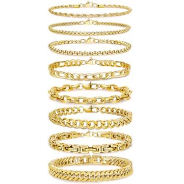 Imagem de AFSITNIG 8 peças de pulseiras de aço inoxidável para homens e mulheres pulseira de elos cubanos resistente corda de freio fígaro conjunto de pulseiras de corrente conjunto de pulseiras joias presentes