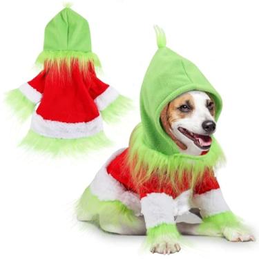 Imagem de Abbylike Roupa de Natal para cães e férias, personagem de animal de estimação, camiseta com capuz verde com chapéu para cães e gatos, roupas de Natal para cães fofos, roupa de Natal, cosplay, como