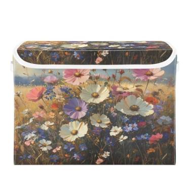 Imagem de ATTX Cestos de armazenamento dobráveis com tampas - cestas de armazenamento de paisagens florais dobráveis para armário, quarto, organização de escritório (42 x 32 x 30 cm) #415