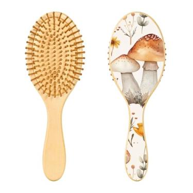 Imagem de SEHANY Escova de cabelo de madeira Forest Mushroom para mulheres e homens, escovas de cabelo de cabeça redonda, escova de cabelo para massagem do couro cabeludo suave e desembaraçadora para todos os