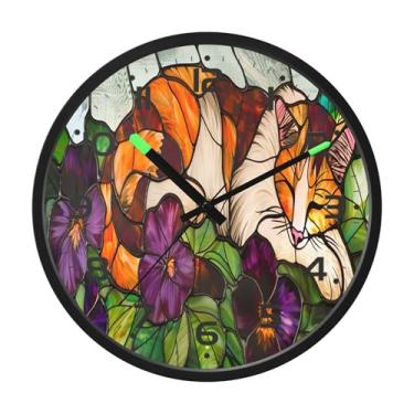 Imagem de SEHANY Pintura esmaltada de relógio de parede de gato, silencioso, sem tique-taque, relógio redondo operado por bateria, controle de som, luz noturna, relógios de parede para sala de estar, cozinha