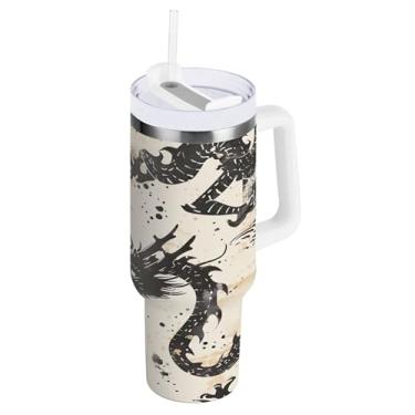Imagem de xigua Copo vintage com estampa de dragão 1,134 g com tampa e canudo, aço inoxidável de vácuo duplo isolado garrafa de água esportiva suporte para copo de café de viagem à prova de vazamento para