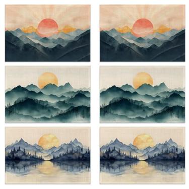 Imagem de Conjunto de 6 jogos americanos de paisagem tropical, palmeiras, pôr do sol, paisagem marítima, roupa exótica, lavável, cozinha, mesa de jantar, tapetes resistentes ao calor para festas em casa, festas