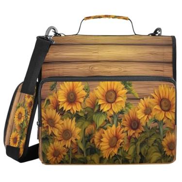 Imagem de ATTX Girassóis em tábua de madeira fichário com zíper com alça acolchoada ajustável – bolsa para fichário com capacidade para 500 folhas com organizador de vários bolsos, serve para laptop de 30 cm