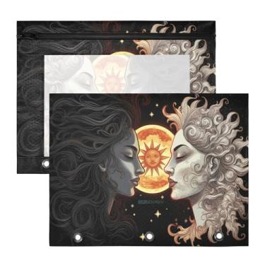 Imagem de Blueangle Bolsa para lápis de sol e lua para fichário de 3 anéis, 2 pacotes com bolsa de lápis com janela transparente para documentos com zíper para escritório (778)