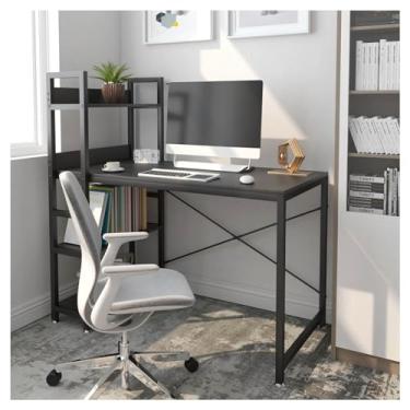 Imagem de Mesa de computador com estante, mesa de estudo de escrita para escritório em casa, estação de trabalho simples moderna com prateleiras de armazenamento para pequenos espaços. As divisórias podem ser