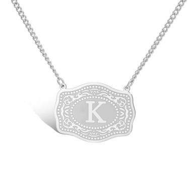 Imagem de VASSAGO Colar de fivela de cinto com letra inicial para mulheres e homens, pingente de pingente em relevo de aço inoxidável delicado joia personalizada presente, Adjustable, Aço inoxidável, Sem Pedra