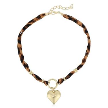 Imagem de Cachecol Colar com Estampa Leopardo e Charmes, Pingente Coração Dourado Vintage Joias da Moda para Mulheres em Férias