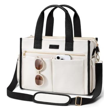 Imagem de Bolsa de lona para mulheres, bolsa transversal grande com 15 bolsos, bolsa bíblica para laptop com zíper para professores, trabalho, viagem, faculdade, M2. Preto e branco, Medium-14inch