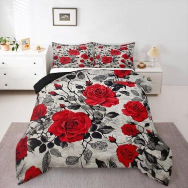 Imagem de Erosebridal Conjunto de edredom King rosa vermelha para meninas | Conjunto de cama floral rosado para adultos, romântico, dia dos namorados, vintage, gótico, edredom macio, quente, 3 peças com 2
