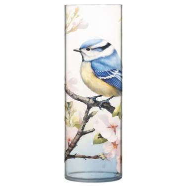 Imagem de CEBUGI Vaso de flor azul pássaro 10 cm x 30 cm Vaso cilíndrico para flores, vaso transparente inquebrável para decoração de casa de festa de casamento