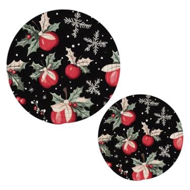 Imagem de Wassud Conjunto de trivet de folhas de azevinho de Natal para pratos quentes, suportes redondos de panela, almofadas quentes de algodão, porta-copos resistentes ao calor para decoração de cozinha