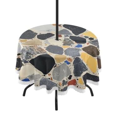 Imagem de CEBUGI Toalha de mesa redonda para uso ao ar livre, terraço, impermeável, com furo Umberlla, capa de mesa lavável para pátio, cozinha, sala de jantar, 152 cm