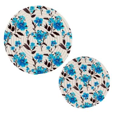 Imagem de Wassud Trivet floral azul aquarela para pratos quentes suportes de panela redondos de algodão almofadas quentes elegantes porta-copos decoração de cozinha e acessórios, 2 peças