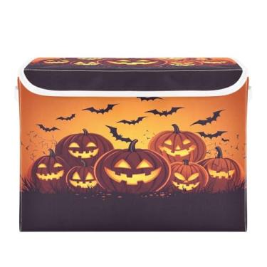 Imagem de CEBUGI Caixotes de armazenamento com tampas, caixa de armazenamento de tecido dobrável, abóboras de desenho animado, organizadores de cubo para prateleiras de armário de casa e quarto, 40 x 30 x 30 cm