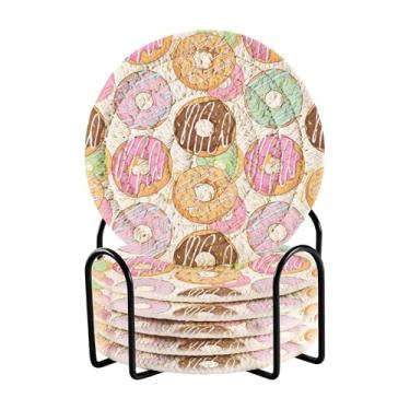 Imagem de SEHANY Conjunto de 6 porta-copos de sobremesa fofos com suporte, porta-copos redondos absorventes de algodão resistente ao calor para mesa de jantar, canecas de café, proteção de copos, 10 cm