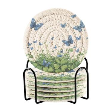 Imagem de SEHANY Elegante conjunto de 6 porta-copos de flores de borboleta com suporte, porta-copos redondos absorventes de algodão resistente ao calor para mesa de jantar, canecas de café, 10 cm