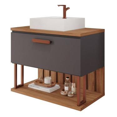 Imagem de Armário Banheiro 80cm Mdf Com Cuba Porta E Nicho Titanium