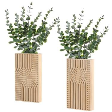 Imagem de Ninehaoou Pacote com 2 vasos de parede de madeira boêmia com casa de fazenda de eucalipto artificial boho para decoração de parede para casa moderna, sala de estar, entrada, corredor, sala de jantar