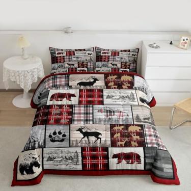 Imagem de Feelyou Conjunto de edredom rústica, tamanho Queen, urso, veado, vida selvagem, para crianças, meninos, meninas, vermelho, preto, búfalo, edredom para acampamento, chalé, quarto, microfibra, 3 peças
